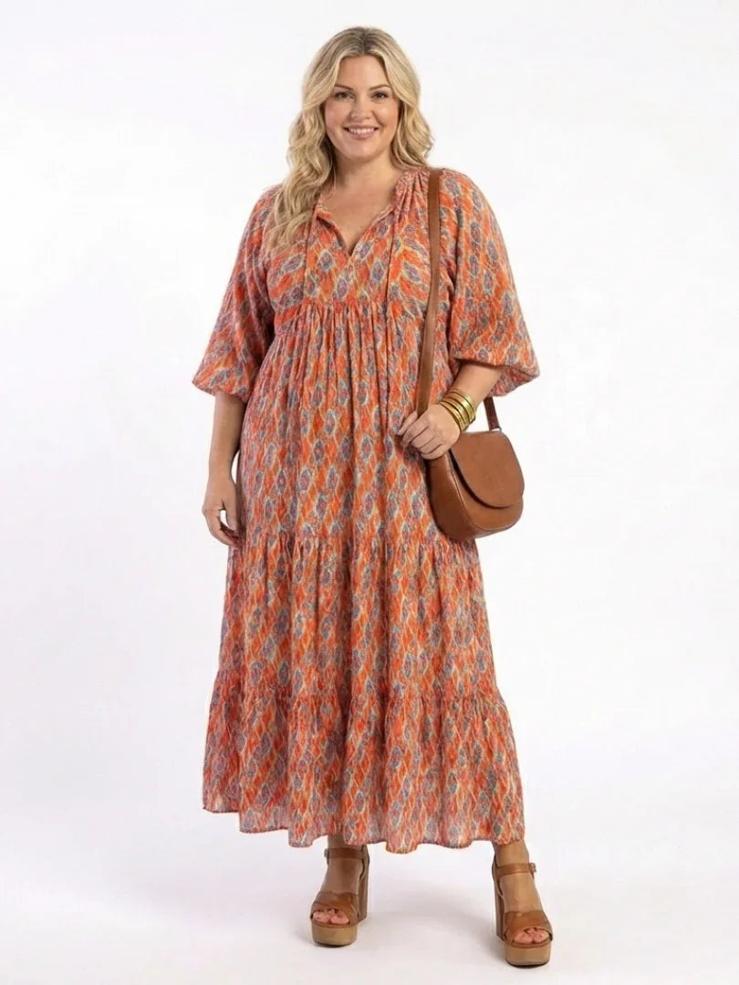 Daphne | V-Neck Geometric Print Tiered Midi Dress