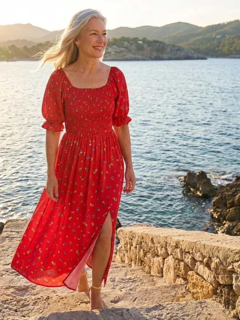 Azalea | Floral Square Neck Puff Sleeve Midi Dress