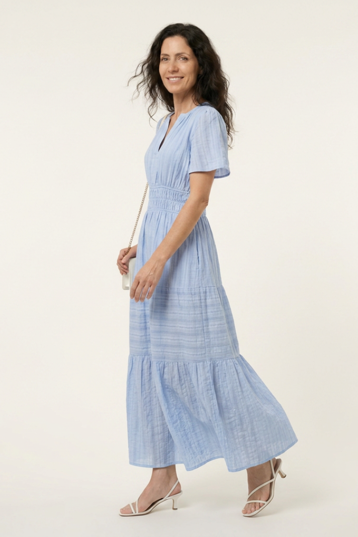 Emmy | Short Sleeve V-Neck Tiered Midi Dress