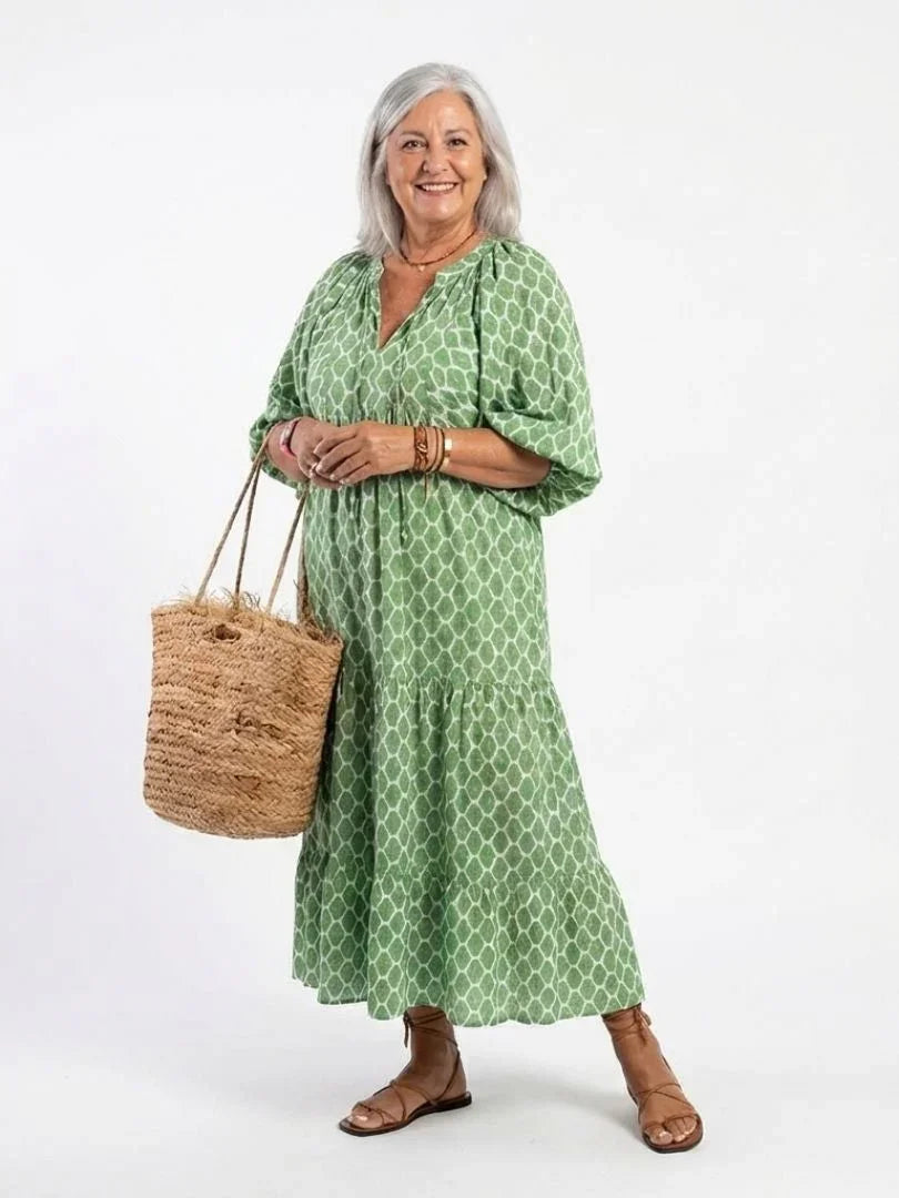 Maia | Patterned V-Neck Three-Quarter Sleeve Midi Dress