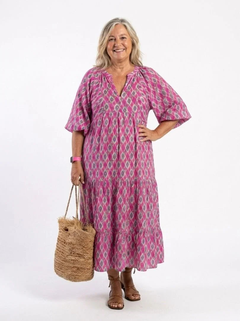 Maia | Patterned V-Neck Three-Quarter Sleeve Midi Dress