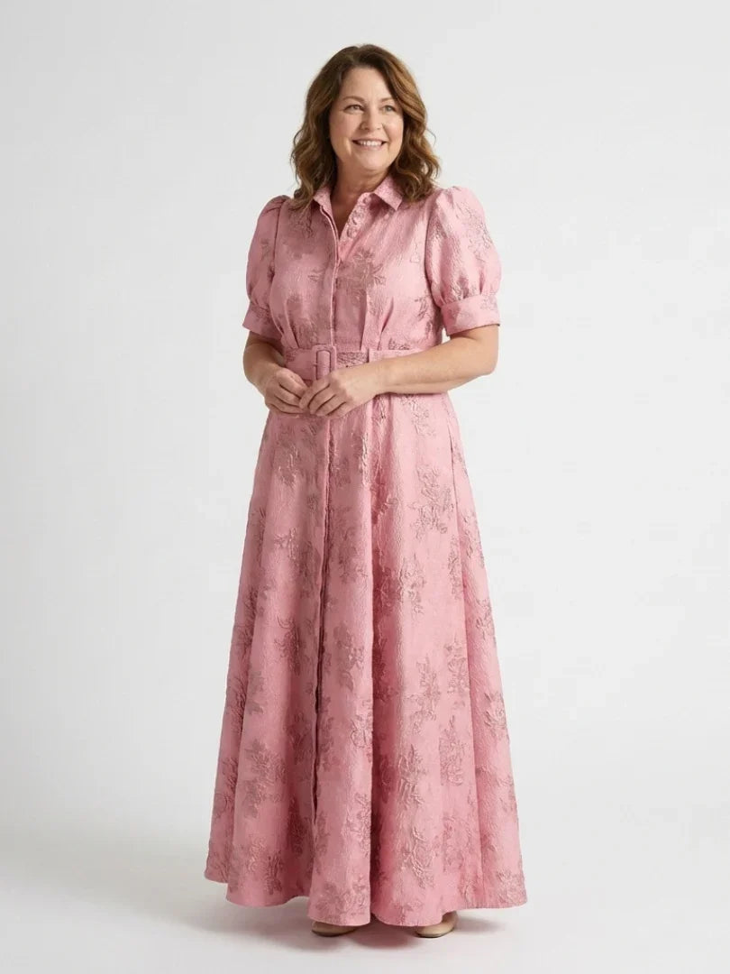 Daisy | Belted Floral Textured Short Sleeve Maxi Shirt Dress