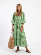Maia | Patterned V-Neck Three-Quarter Sleeve Midi Dress