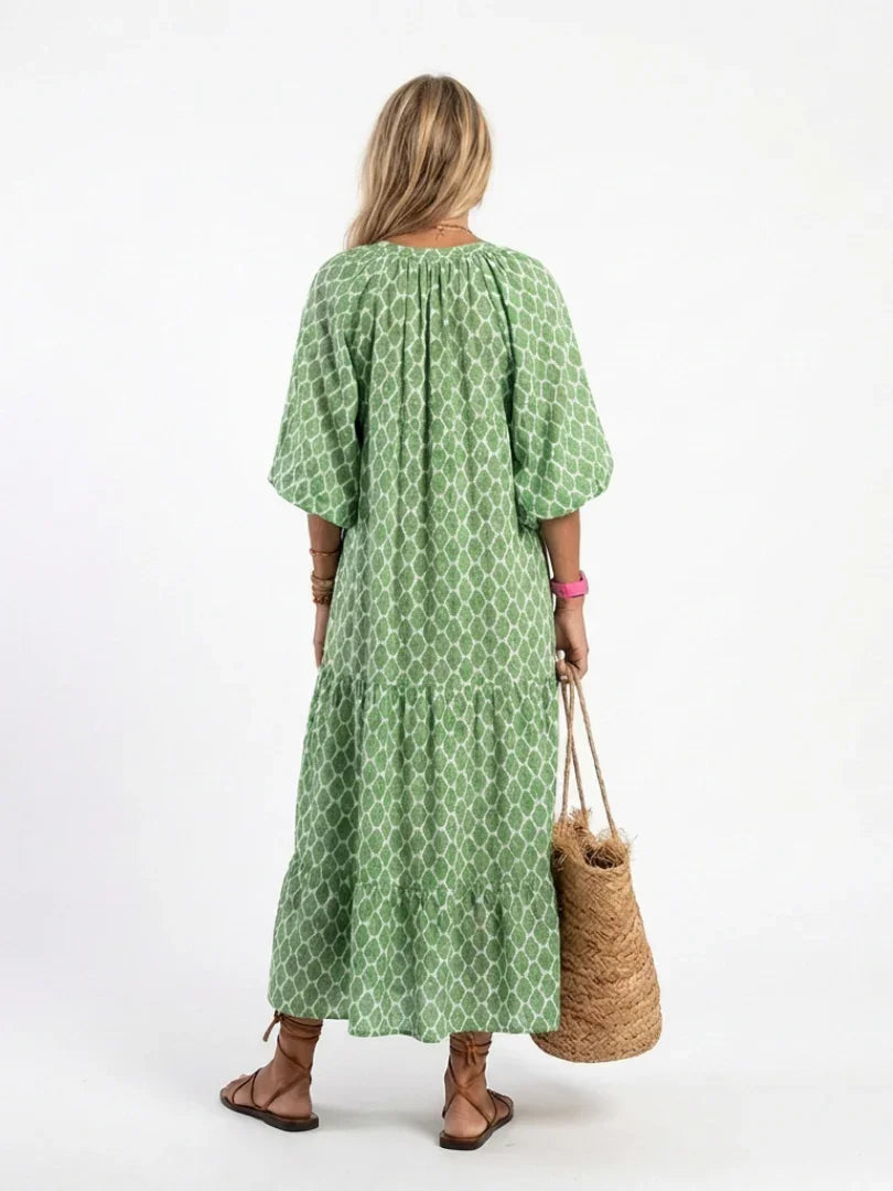 Maia | Patterned V-Neck Three-Quarter Sleeve Midi Dress