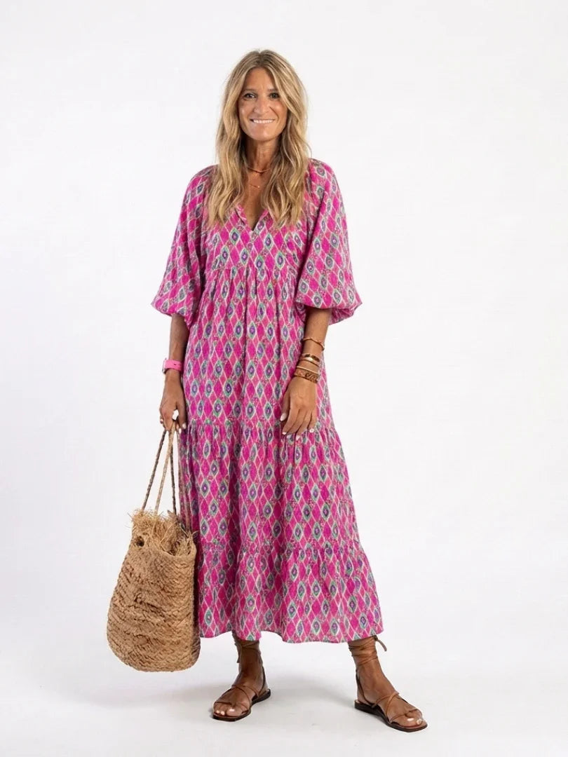 Maia | Patterned V-Neck Three-Quarter Sleeve Midi Dress