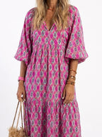 Maia | Patterned V-Neck Three-Quarter Sleeve Midi Dress