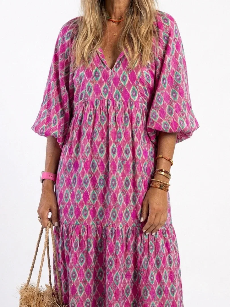 Maia | Patterned V-Neck Three-Quarter Sleeve Midi Dress