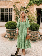 Maia | Patterned V-Neck Three-Quarter Sleeve Midi Dress