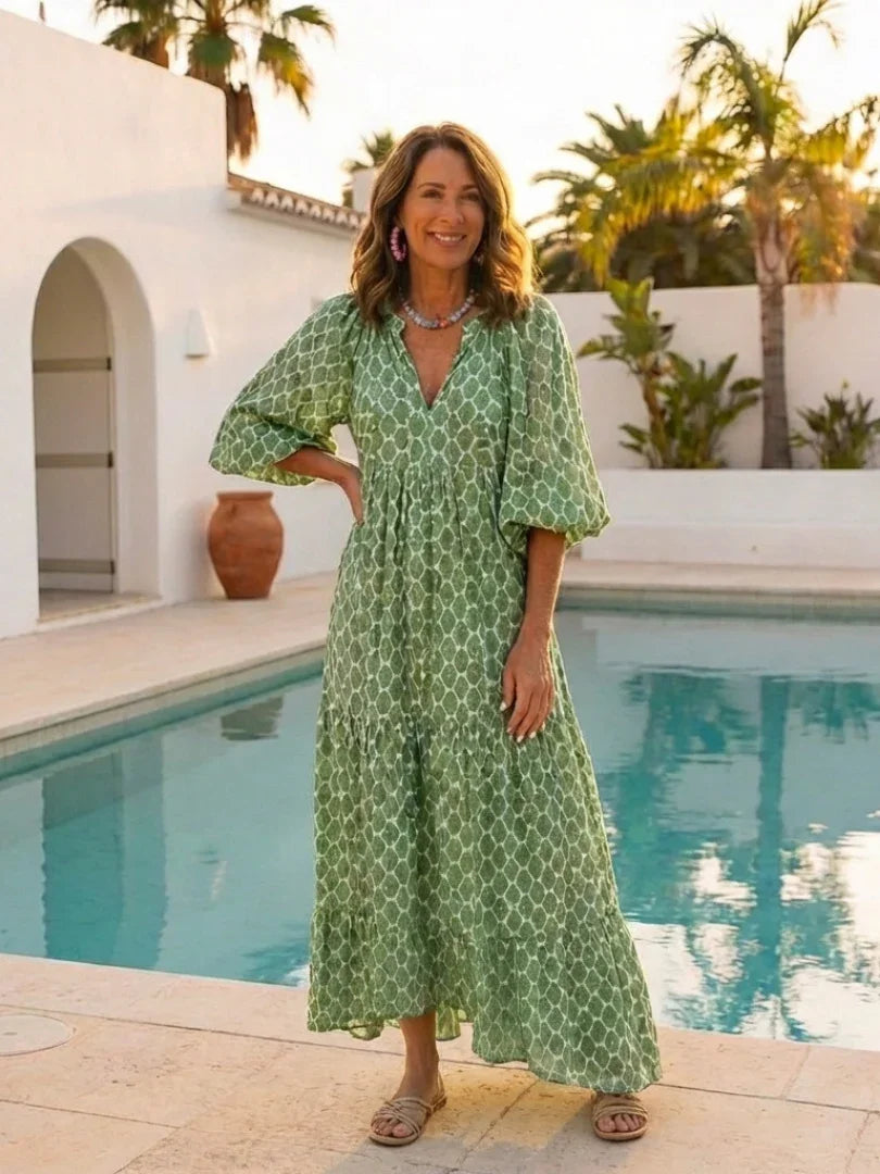 Maia | Patterned V-Neck Three-Quarter Sleeve Midi Dress