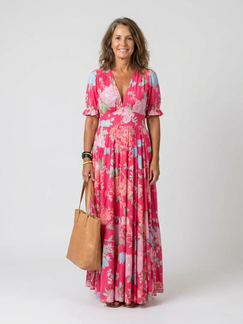 Delia | Floral V-Neck Short Sleeve Midi Dress