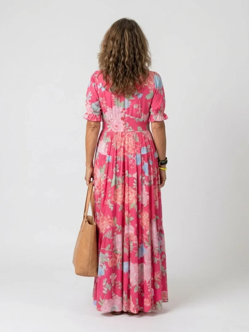 Delia | Floral V-Neck Short Sleeve Midi Dress