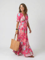 Delia | Floral V-Neck Short Sleeve Midi Dress