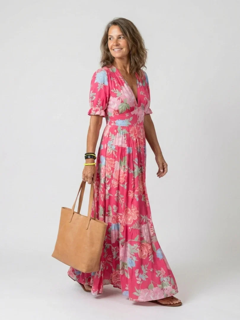 Delia | Floral V-Neck Short Sleeve Midi Dress