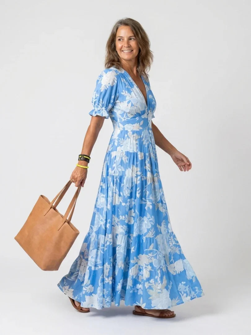 Delia | Floral V-Neck Short Sleeve Midi Dress
