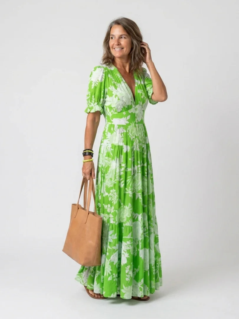 Delia | Floral V-Neck Short Sleeve Midi Dress