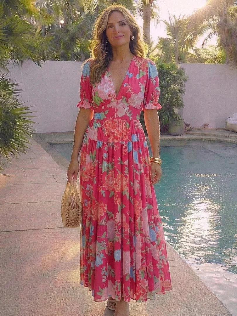 Delia | Floral V-Neck Short Sleeve Midi Dress