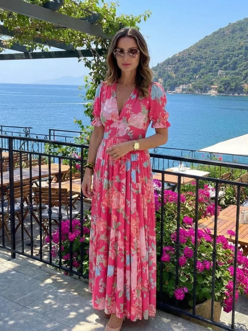 Delia | Floral V-Neck Short Sleeve Midi Dress