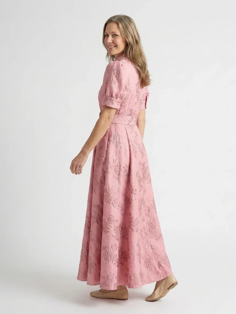 Daisy | Belted Floral Textured Short Sleeve Maxi Shirt Dress