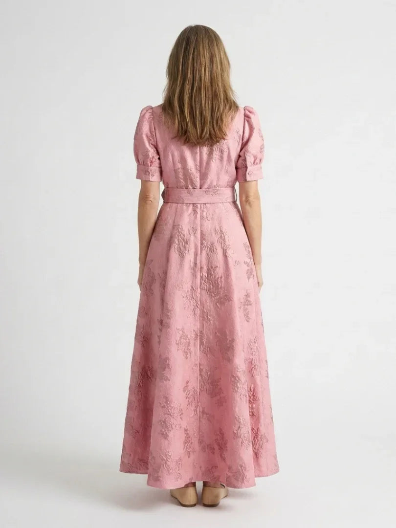 Daisy | Belted Floral Textured Short Sleeve Maxi Shirt Dress