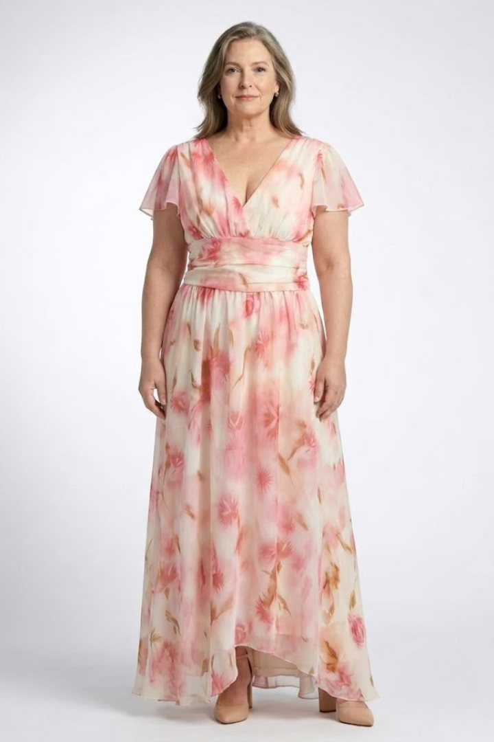 Roma | Floral V-Neck Short Sleeve Maxi Dress