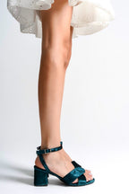Estelle | Emerald Green Velvet Mid-Heeled Sandals