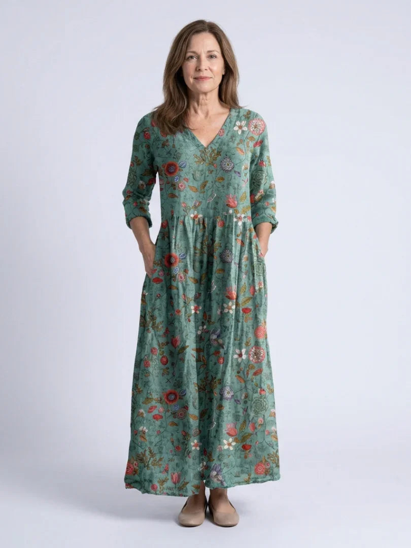 Greta | V-Neck Floral Three-Quarter Sleeve Maxi Dress