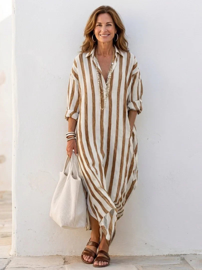 Dalia | Striped Long Sleeve Midi Shirt Dress