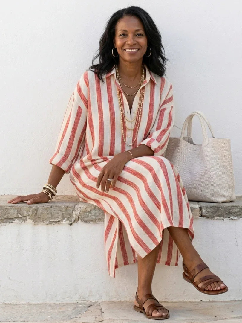 Dalia | Striped Long Sleeve Midi Shirt Dress