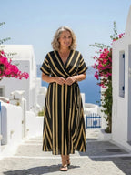 Lalita | Striped Wrap V-Neck Short Sleeve Midi Dress
