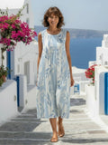 Katarina | Blue Leaf Print Sleeveless Midi Dress