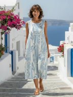 Katarina | Blue Leaf Print Sleeveless Midi Dress
