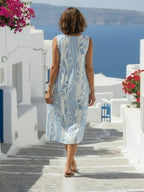 Katarina | Blue Leaf Print Sleeveless Midi Dress