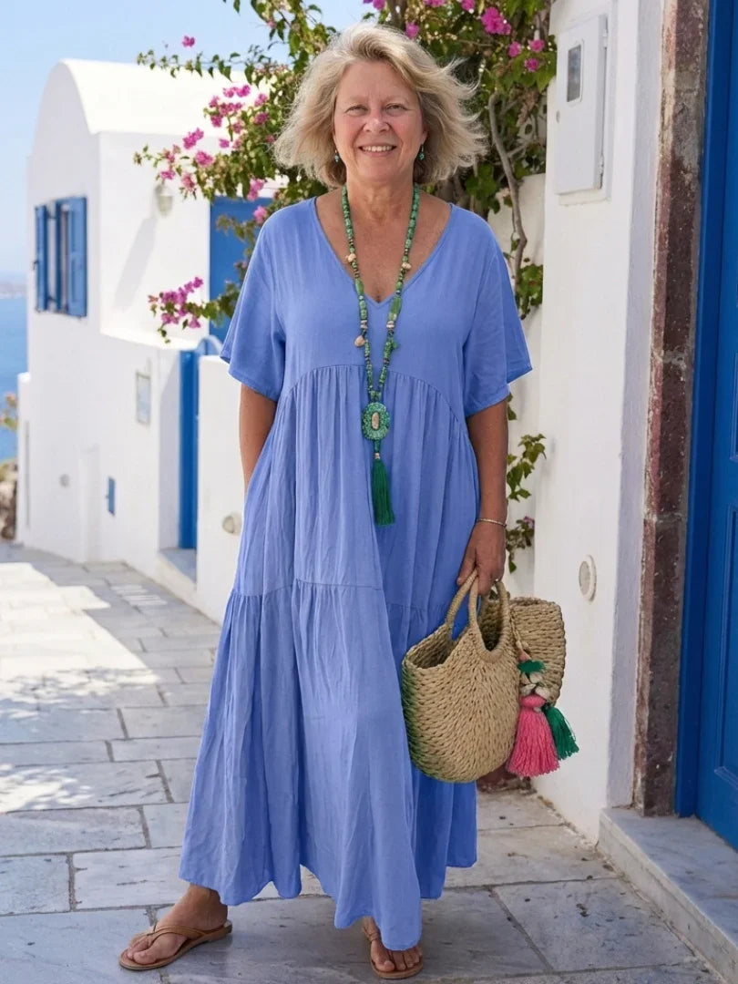 Odessa | Tiered Short Sleeve Blue Maxi Dress