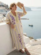 Saffron | Striped Floral V-Neck Half Sleeve Maxi Dress