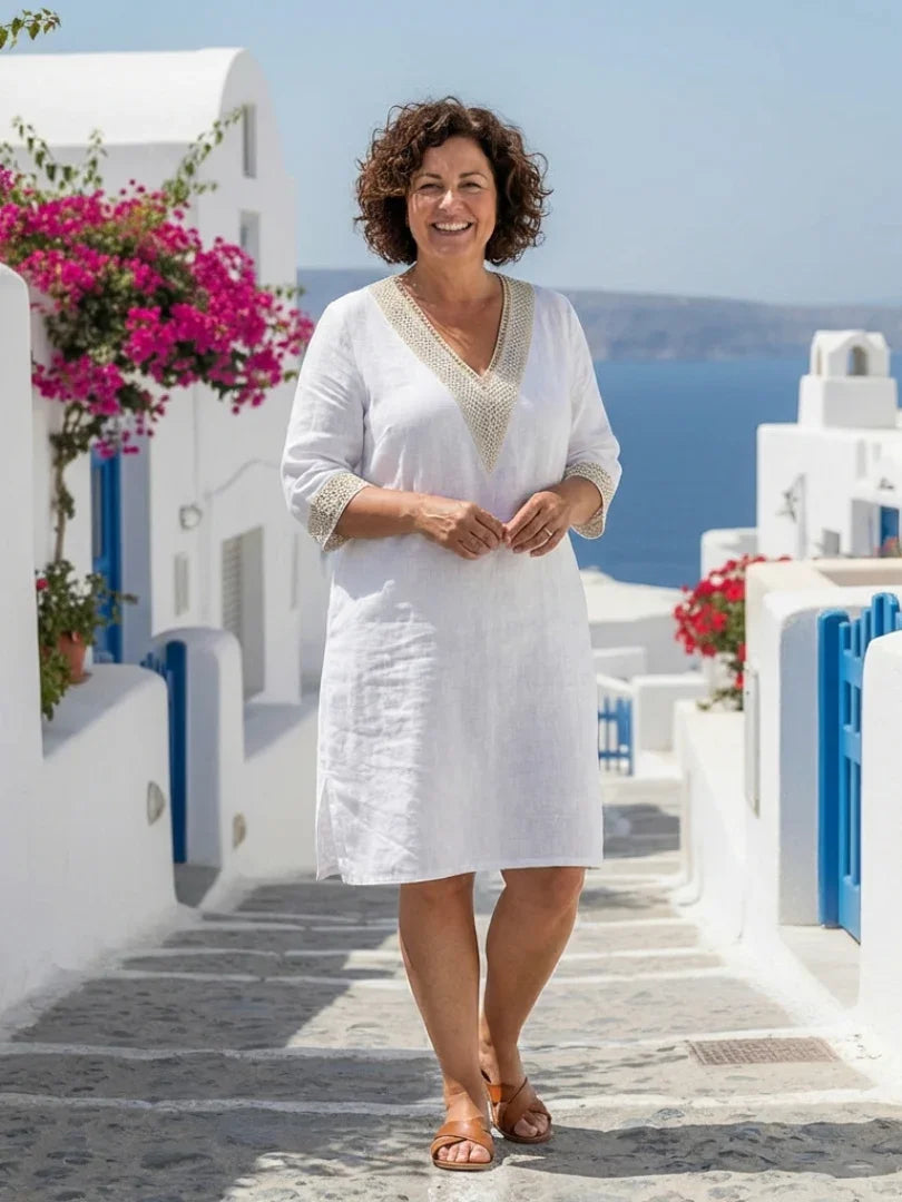 Lourdes | Three-Quarter Sleeve V-Neck Knee Length Dress