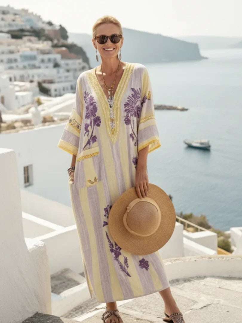 Saffron | Striped Floral V-Neck Half Sleeve Maxi Dress