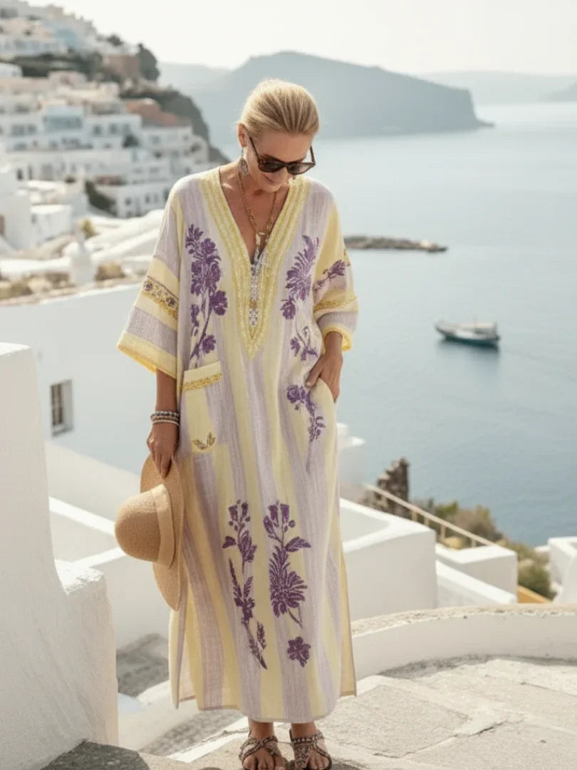 Saffron | Striped Floral V-Neck Half Sleeve Maxi Dress