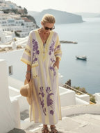 Saffron | Striped Floral V-Neck Half Sleeve Maxi Dress