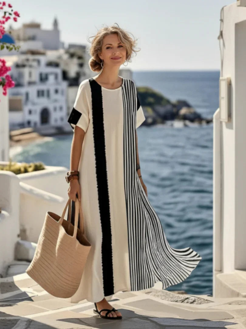 Janine | Striped Short Sleeve Round Neck Maxi Dress