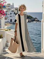 Janine | Striped Short Sleeve Round Neck Maxi Dress