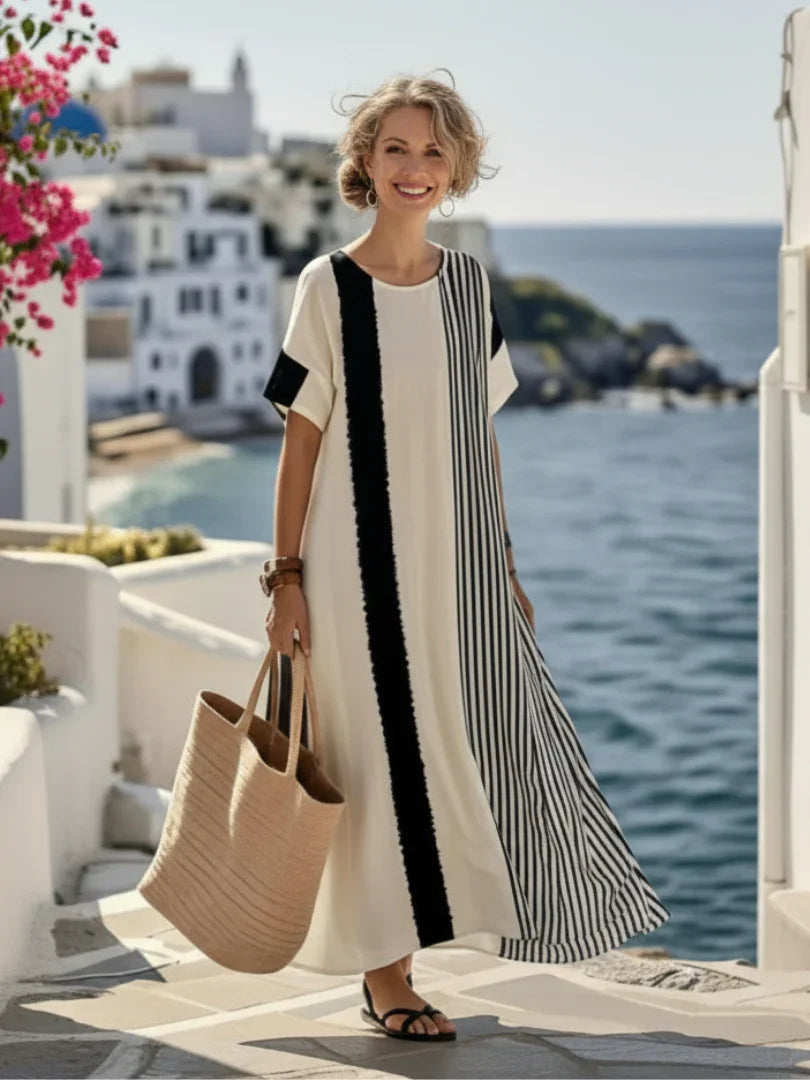 Janine | Striped Short Sleeve Round Neck Maxi Dress