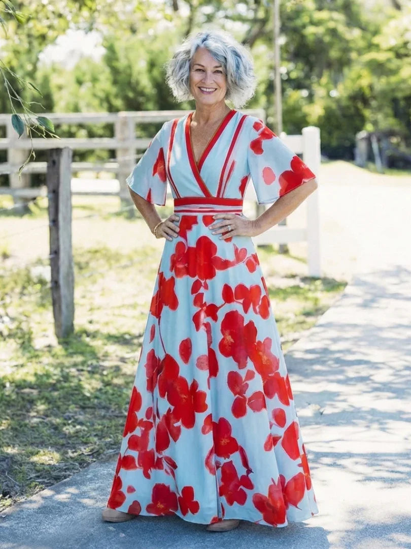 Charlotte | Floral V-Neck Short Sleeve Maxi Dress
