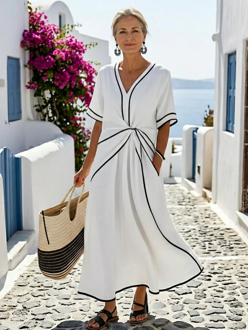Felicity | Gathered Waist V-Neck Short Sleeve Midi Dress