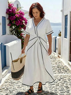 Felicity | Gathered Waist V-Neck Short Sleeve Midi Dress