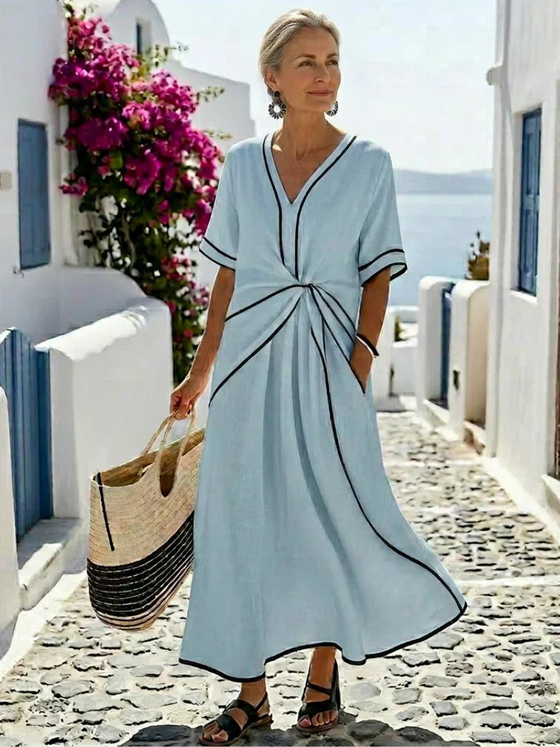 Felicity | Gathered Waist V-Neck Short Sleeve Midi Dress