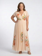 Zofia | Floral Pleated V-Neck Short Sleeve Maxi Dress
