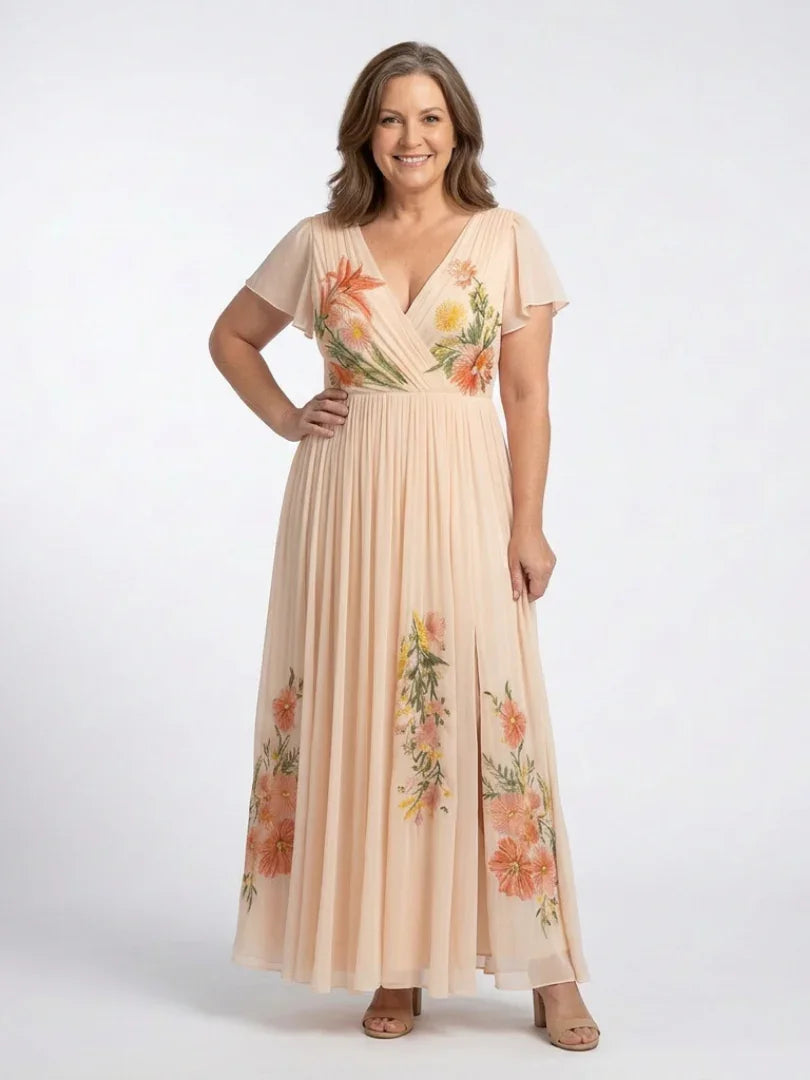 Zofia | Floral Pleated V-Neck Short Sleeve Maxi Dress