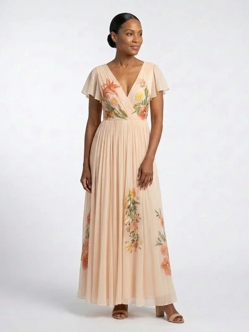 Zofia | Floral Pleated V-Neck Short Sleeve Maxi Dress