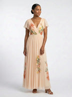 Zofia | Floral Pleated V-Neck Short Sleeve Maxi Dress