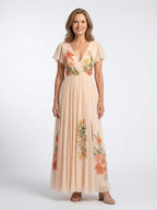 Zofia | Floral Pleated V-Neck Short Sleeve Maxi Dress